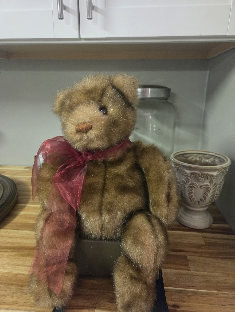 Vintage Retired 1999 Faux Mink Fur GUND Brown Teddy Bear with Burgundy Bow